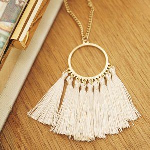 Long Gold Cream Tassel Necklace NWT
